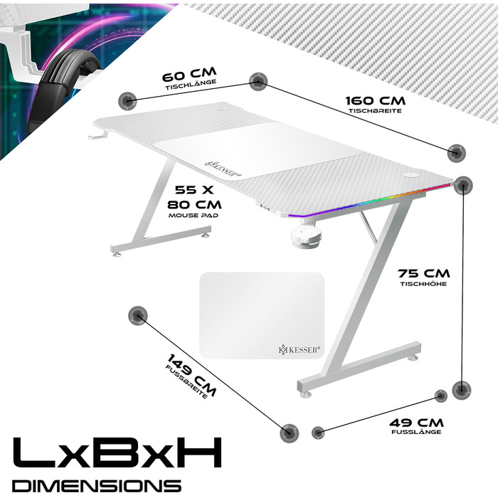 Ігровий стіл KESSER® LED 160x60 см | З-подібний стіл для геймерів | Тримач для навушників & вуглецеве покриття | Ергономічний стіл для ПК | Стабільний стіл з підстаканником, білий