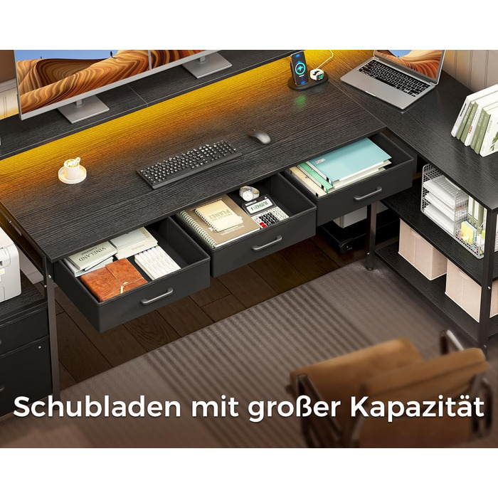 Комп'ютерний стіл Coleshome L-подібний з ящиками, 195x100 см, з розеткою, LED-підсвічуванням та підставкою для монітора, геймінговий стіл, чорний