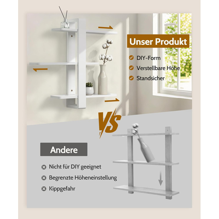 Полиця настінна дерев'яна SUMGAR, плаваючі полиці, 3-ярусна, біла 50x58 см для вітальні, спальні