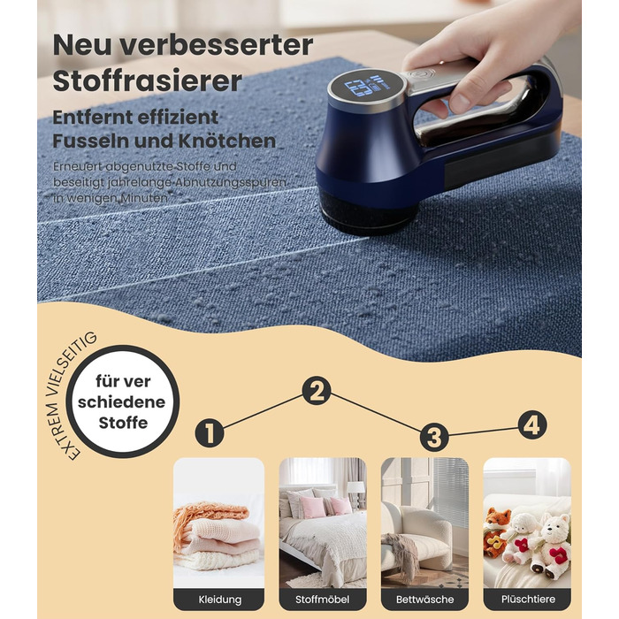Електричний видалення ворсу CuieTuee з LED-підсвічуванням, USB-зарядка, 3 швидкості, 2000mAh, для одягу, білий (темно-синій)
