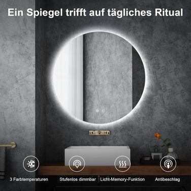 LED дзеркало для ванної кімнати з підсвічуванням Round - регульоване з 3 кольорами світла (3500K-6500K), сенсорне управління, запобігання запотіванню - дзеркало для ванної кімнати з підсвічуванням для макіяжу та гоління (70см фонове освітлення)