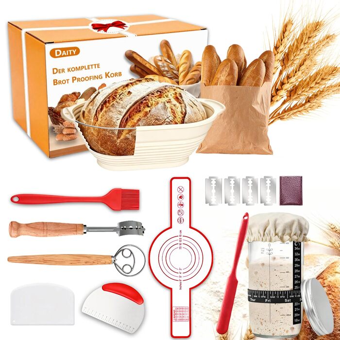 Набір для приготування закваски Daity: 12 предметів для випікання хліба, з підігрівачем, овальний гніт для підйому тіста 28см з силікону, для початківців та професіоналів