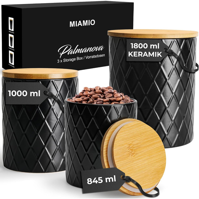 Набір з 3 вазочок для зберігання Miamio Palmanova, кераміка з дерев'яним кришкою, білий та чорний