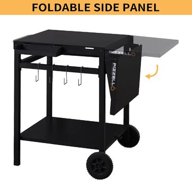 Гриль-візок PIZELLO з підготовчою станцією: візок для гриля, піца-стіл, сервірувальний візок з коліщатками, гачки, ручка, трансформована робоча поверхня, чорний