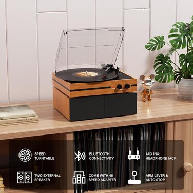 Вініловий програвач Bluetooth з стереодинаміками та USB, RCA вихід, дерев'яний корпус, грамофон для дому (помаранчевий)