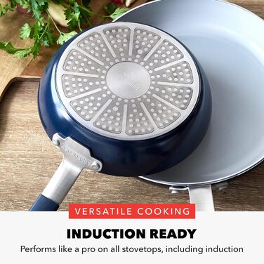 Набір сковорідок GreenPan x Bobby Flay, 20.3 см та 25.4 см, з антипригарним покриттям, без PFAS, діамантова кераміка, для індукційних плит, з силіконовою ручкою, легко миються, придатні для миття в посудомийній машині, блакитний Оксфорд