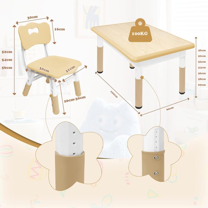 Дитячий стіл зі стільцями, дитяча група для сидіння, регульована по висоті з HDPE та ABS, багатофункціональний дитячий стіл для дітей 2-10 років, ергономічний стіл-стілець для дитячої кімнати (120*60 см, колір дерева)