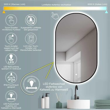 Дзеркало для ванної кімнати LED HOKO Design Turin овальне 45x75 см, чорний матовий каркас, сенсорне керування, зміна кольору світла (тепле/холодне/нейтральне)