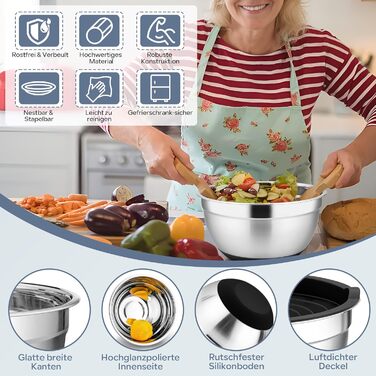 Набір мисок HaWare 6 шт. з нержавіючої сталі, набір салатників з герметичними кришками та 3 насадки для тертя, об'єм 4,6/2,8/2,5/1,6/1,2/0,7 л, антиковзний силіконовий низ, придатні для миття в посудомийній машині, чорний колір