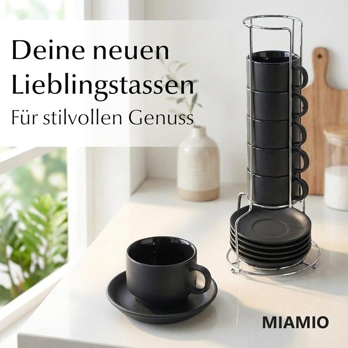 Набір кавових чашок Miamio Le Papillon (Чорний) 6 шт. по 75 мл з підставкою та стійкою