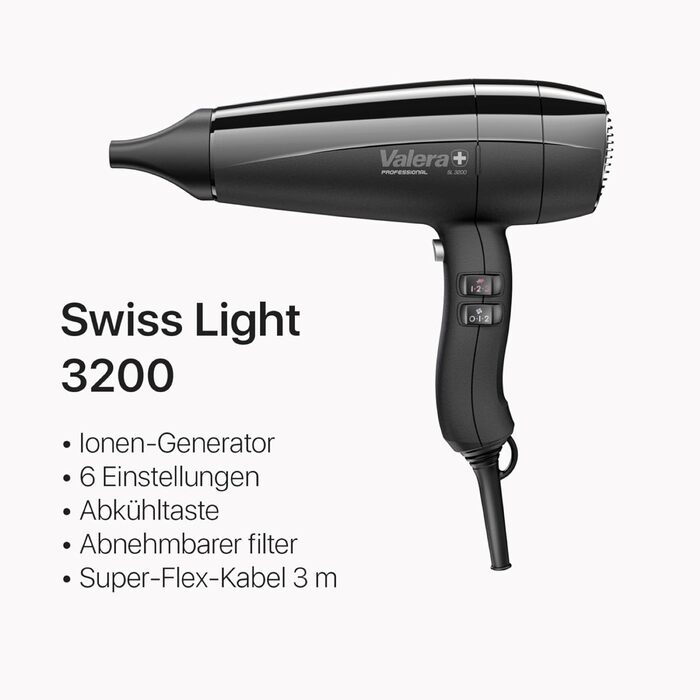 Професійний фен для волосся Valera Swiss Light 3200, 1600 Вт, 3 температурних режими, з кнопкою холодного повітря та знімним фільтром, Swiss Made