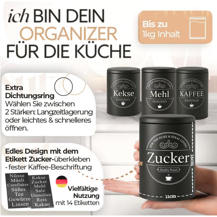 Набір контейнерів для зберігання кави, цукру та борошна IDEALTASTIC® Premium, 3 шт по 500г, герметичні, з нержавіючої сталі