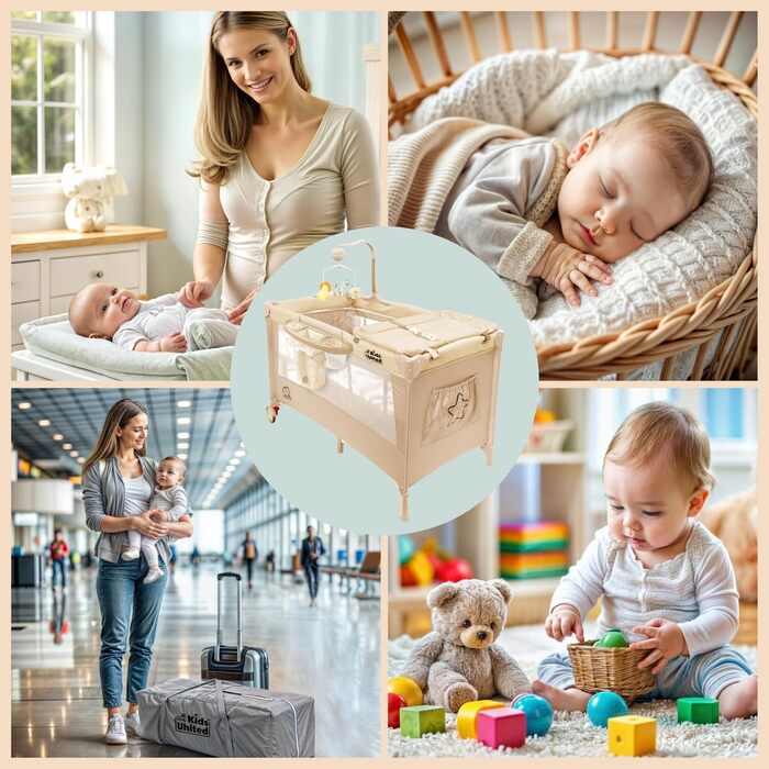 Дитяче ліжко-манежа All Kids United® для подорожей з матрацом, пеленальним столиком, музичним проигрывателем та мобілем (Бежевий)