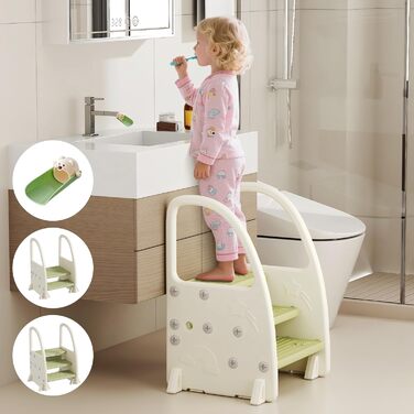 Дитячий тритул Hominewti з регулюванням висоти, 2-3 сходинки, з антиковзким покриттям та підлокітниками. Підходить для ванної кімнати, дитячої кімнати та кухні (зелений)