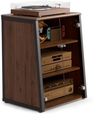 FITUEYES HiFi стійка з скляними дверцятами, стіл для програвача з захисним оснащенням, регульовані полиці для програвача та стереосистем, 66x65x81 см