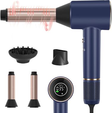 Фен для волосся PARWIN PRO BEAUTY Air-Sonic Hair Dryer, Фен з HD-LED дисплеєм, Фен з безщітковим двигуном 110 000 об/хв з низьким рівнем шуму, 2 шт. 32 мм Auto Wrap-Curler, повітряний потік 25 М/с для швидкого сушіння (прусський блакитний) Прусський Blue-