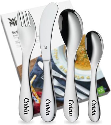 Дитячий столовий прилад WMF Kinderbesteck з гравіюванням імені - персоналізований столовий прилад - індивідуальний хрещення подарунок - для хлопчика/дівчинки - набір з 4 предметів (Knuddel)