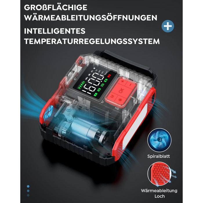 Портативний пусковий пристрій BRPOM з компресором та LED-ліхтарем, 26800mAh, 160PSI, сумісний з бензиновими та дизельними двигунами (до 12.0L)