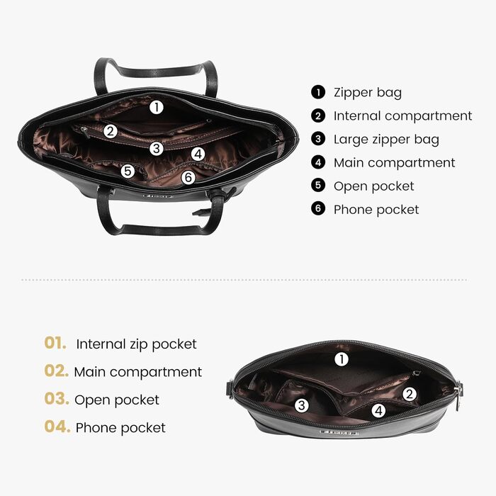 LOVEVOOK Набір сумок для жінок: 3 шт. (шопер, сумка на плече, сумка з ручкою) для подорожей, бізнесу, покупок. Чорний колір, срібна фурнітура