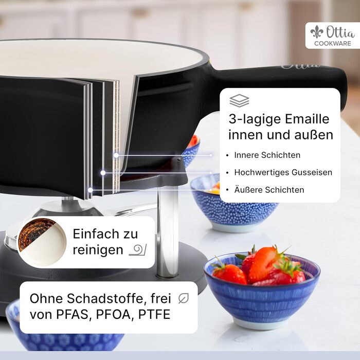 Набір для фондю Ottia з чавуну та емалі на 2-6 осіб: сирне, м'ясне, шоколадне фондю. Підходить для індукційних плит, безпечний, з пальником, виделкою та рецептами (Чорний)