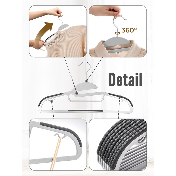 50 штук вішалок для одягу з пластику HOUSE DAY - міцні, з неслизьким покриттям, 360° обертання, сірі