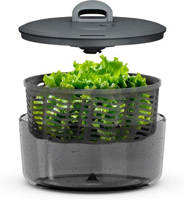 Салатниця Zyliss Easy Spin, 6 л, з мотузковим приводом, неслизьке дно, миска для подачі, AquaVent™-технологія, кнопка стоп, легко миється, сірий колір