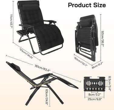 Шезлонг для відпочинку, розкладний, широке сидіння 72 см, для саду, патіо, пляжу, басейну, з подушкою, витримує до 200 кг