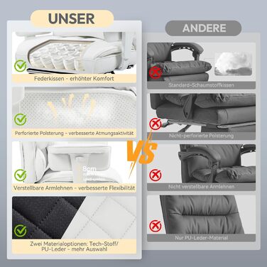 Ігровий крісло Dowinx, ергономічний офісний крісло з кишеньковим пружинним подушками, крісло для начальника з двошаровою м'якою спинкою та регульованою поперековою подушкою, підлокітниками та підставкою для ніг (білий, PU)