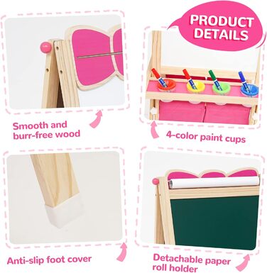 Дерев'яна мольберт Kinder Tafel з паперовою рулонкою, регульована висота, рожевий колір, двосторонній (whiteboard та дошка)