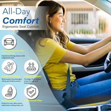 Автокрісло-подушка для спини з Memory Foam для полегшення болю в попереку, велике сидіння для коротких водіїв у далеких поїздках - подушка для автомобіля, офісу - чорний
