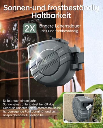 Шланговий барабан GLAHODEN з шлангом для саду 40 м + 2 м, стійкий до сонця та морозу, поворотний на 180°, настінна шланговий бокс з 9-функціональною розпилювальною насадкою (30 м)