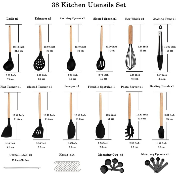 Набір силіконової кухонного посуду Berglander з 38 предметів, набір посуду з антипригарним покриттям, кухонне начиння з дерев'яною ручкою інструменти з багатоцільовими гачками і тримачами для посуду (червоний) (1. Чорний)