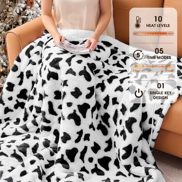 Електрична грілка з принтом корови, повний розмір 183x213 см, фіолетовий колір. 10 режимів нагріву, автоматичне вимкнення через 8 годин, принт з високопродуктивною коровою, флісова та шерпа-підкладка.