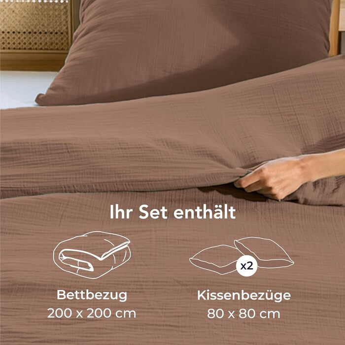 Комплект постільної білизни Dreamzie з мусліну, 135x200 см, 100% бавовна (муслін) – 2 наволочки 80x80 см, 2 наволочки 80x80 см, з блискавкою, сертифікат Oeko-Tex (Мокко, 200x200 см + 2 x 80x80 см)