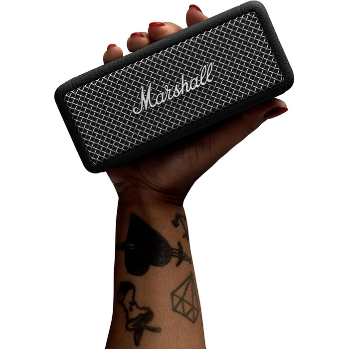 Портативна Bluetooth-колонка Marshall Emberton II, бездротова, стійка до пилу та води IP67, стереопара, до 30 годин роботи, швидка зарядка, для дому та вулиці, чорна зі сталлю