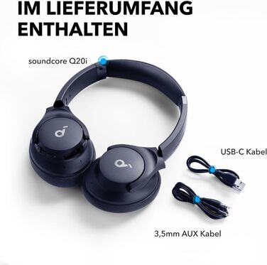 Накладні навушники Soundcore Q20i Bluetooth, ANC, 40 годин, Hi-Res Audio, Глибокі баси, Персоналізація додатків (синій)