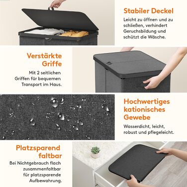 Кошик для білизни з кришкою Lifewit, великий кошик для білизни з пластиковим каркасом, складний, 145л, темно-сірий