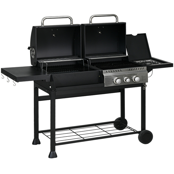 Outsunny Grillwagen Gasgrill з 2+1 пальником, термометром, 3 кВт вугільним грилем з полицею, бічною підставкою, гачками, гриль для кемпінгу зі шлангом для саду, балкону, чорний | Aosom