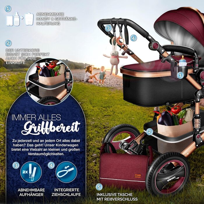 Дитяча коляска 3 в 1 KIDUKU® XXL Комплект | Комбінована коляска з люлькою, візком та автокріслом | Повний комплект з підніжкою, пелюшкою, грічкою, дощовиком та столиком | Повнорозмірні колеса, ECE R129, Бордовий / Мідно-золотий