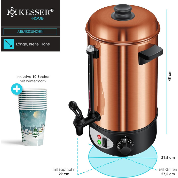 KESSER® Глювайновий котел 8л з нержавіючої сталі, 10 склянок, термостат, автомат для глінтвейну, гарячих напоїв, чайник, дозатор гарячої води, автоклав, індикатор рівня, кран, сріблястий