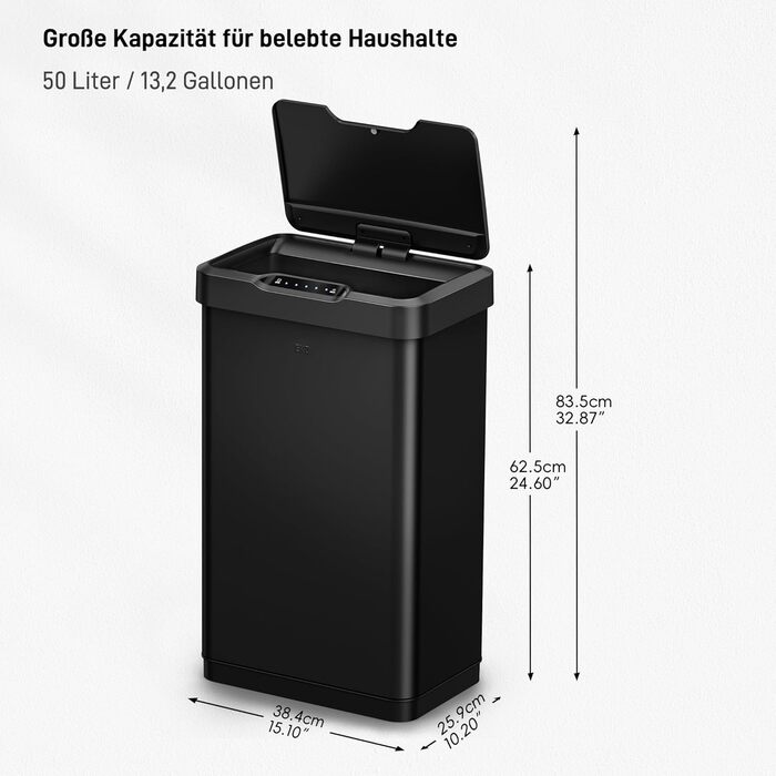 Відро для сміття EKO Mirage-T 50L з датчиком, автоматичне, чорне, з нержавіючої сталі, з м'яким закриванням, антибактеріальне покриття