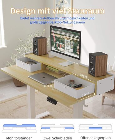 Електричний стіл YIHAYO з висувними ящиками та підставкою для монітора 120x60 см, регулювання висоти, пам'ять, Natural White, Natural поверхня