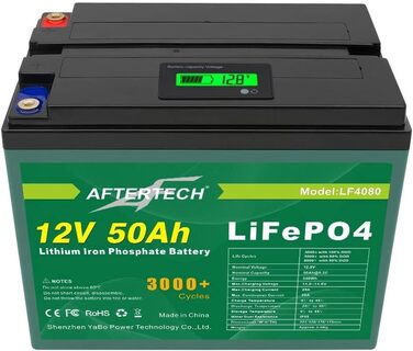 Літій-залізо-фосфатна батарея AFTERTECH Lifepo4 12 В 50 Ач, 3000 циклів, 12,8 В 640 Втгод