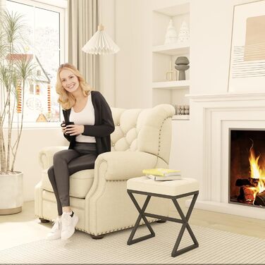 Пуф для макіяжу YMYNY, пуф-табуретка з льону, пуф для туалетного столика з металевими ніжками X-подібної форми, 40x30x46 см, бежевий (HBD033G)