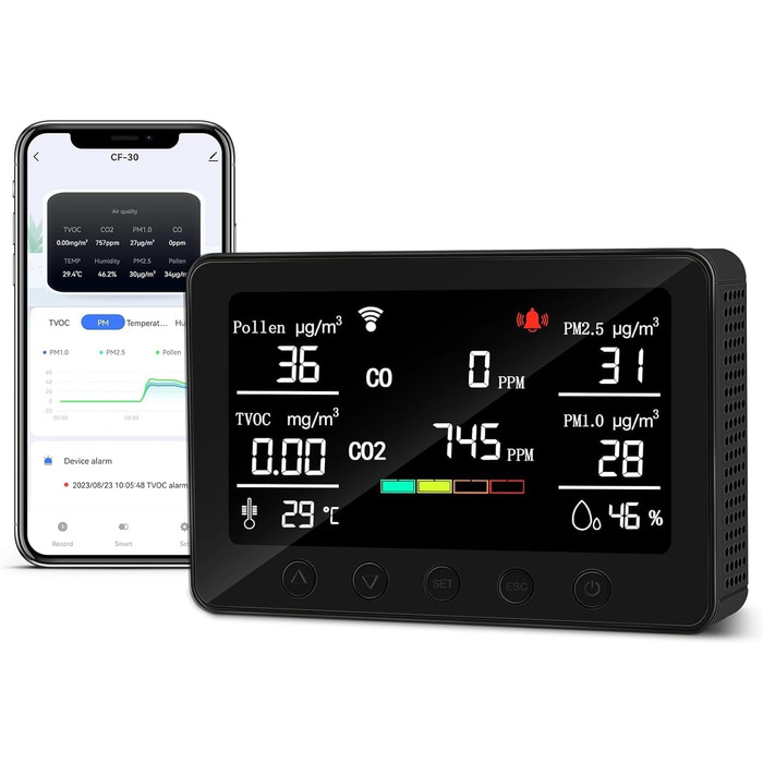 Вимірювач якості повітря Therm La Mode CF-30 зі Smart-додаток: виявлення забруднювачів, пилку, CO2, PM2.5, PM1.0, формальдегіду, температури. Великий LCD-дисплей