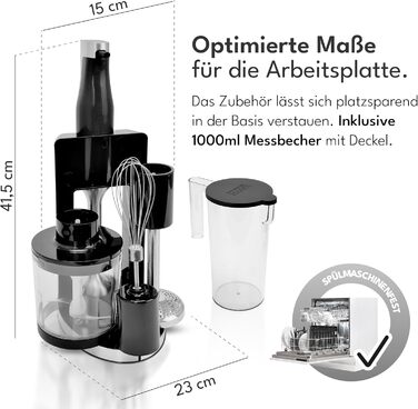 LEBENLANG Преміум блендер занурювальний 1200W - набір 6 предметів з аксесуарами та захистом від бризок | Регулювання швидкості, турборежим, нержавіюча сталь