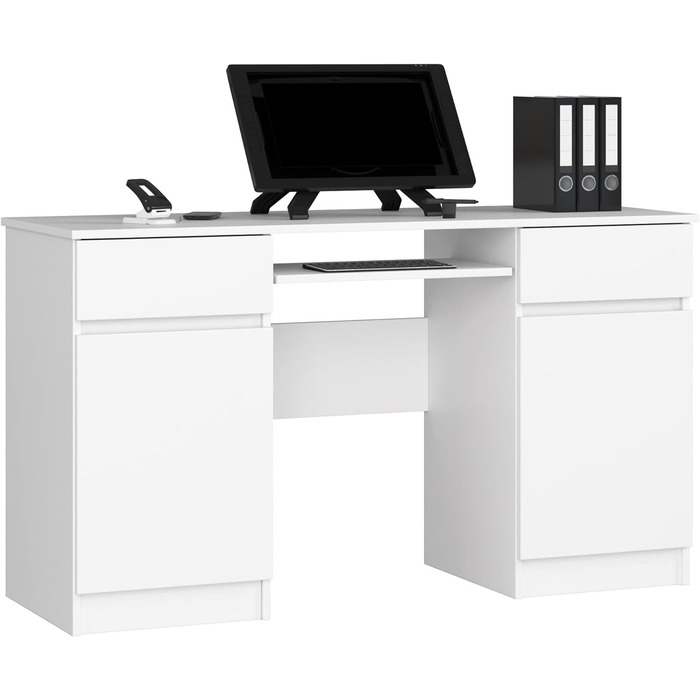 Стіл для ПК A5 з лотком для клавіатури Офісний стіл Комп'ютерний стіл Офісний стіл з лотком для клавіатури 2 шухляди та 2 дверні полиці, W135 x H77 x D50 см, 58 кг Білий