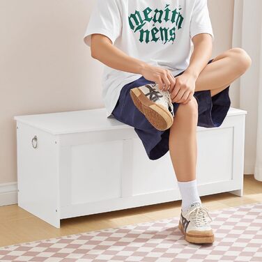 HOOBRO Лавка з ящиком для іграшок, 100 см, білий та натуральний колір дерева, з безпечним шарніром, для дому