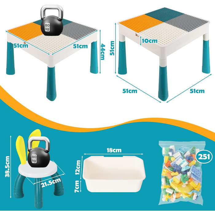 Дитячий стіл з 2 стільцями, ігровий стіл для дітей з 251 кубиком, багатофункціональний стіл для активностей від 2 років з місцем для зберігання, творчий стіл для конструювання з набором кубиків