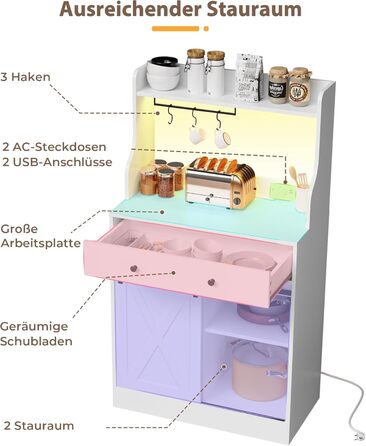 Буфет-шафа з робочою поверхнею, велика шухляда, регульовані полиці, 3 гачки, LED-підсвічування, для кухні, вітальні, їдальні (білий)
